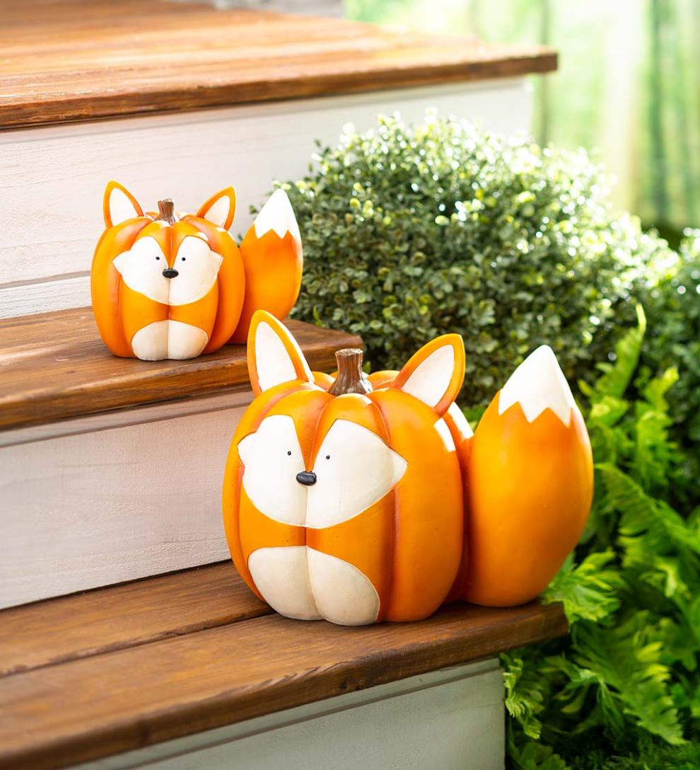Plow & Hearth Home Accents Indoor Living Mother And Baby Fox Pumpkin Statues, Set Of 2
