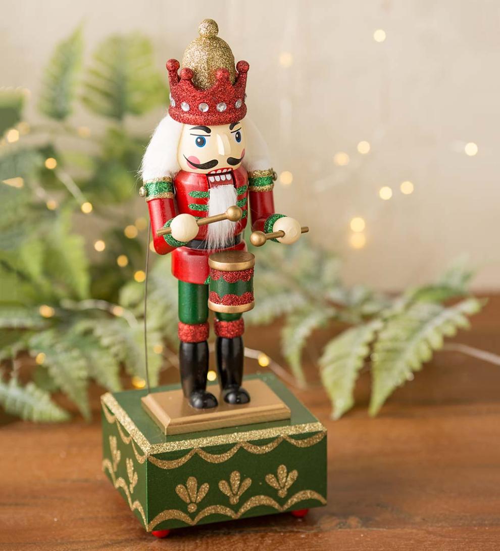 Plow & Hearth Home Accents Indoor Living Musical Animated Wooden Nutcracker Statue - Green Base