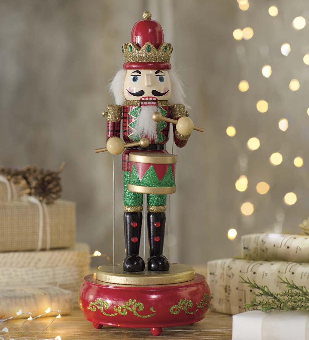 Plow & Hearth Home Accents Indoor Living Musical Animated Wooden Nutcracker Statue - Green Base