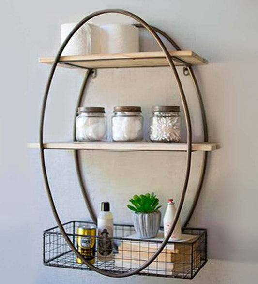 Plow & Hearth Home Accents Indoor Living Oval Metal Wall Unit With Recycled Wood Shelves