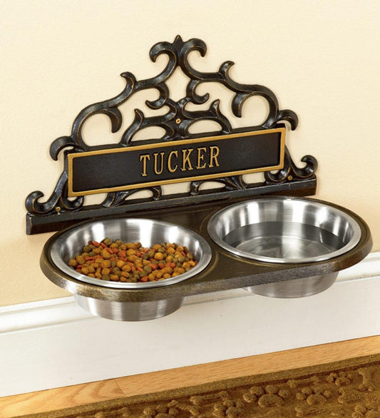 Plow & Hearth Home Accents Indoor Living Personalized Wall-Mount Pet Feeder - Black With Gold