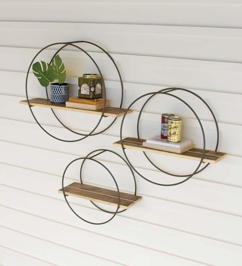 Plow & Hearth Home Accents Indoor Living Recycled Wooden Shelves With Round Metal Frames, Set Of 3