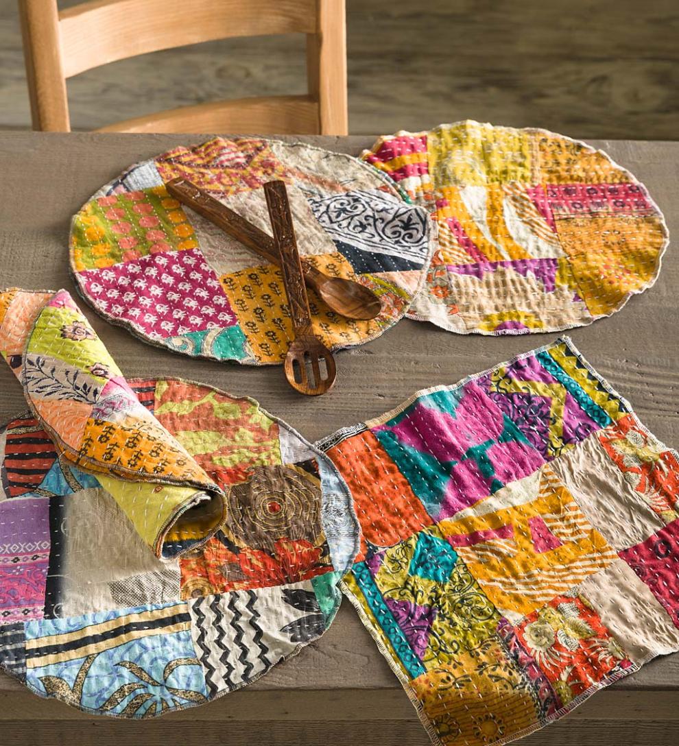 Plow & Hearth Home Accents Indoor Living Round Upcycled Kantha Placemats Set Of 6