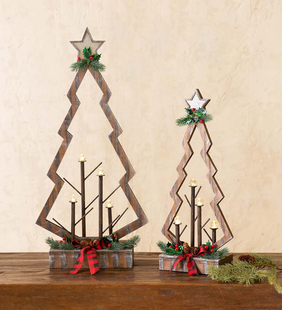 Plow & Hearth Home Accents Indoor Living Tabletop Lighted Wooden Christmas Trees, Set Of 2