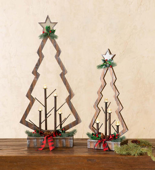 Plow & Hearth Home Accents Indoor Living Tabletop Lighted Wooden Christmas Trees, Set Of 2