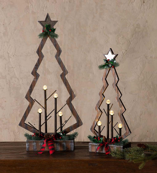 Plow & Hearth Home Accents Indoor Living Tabletop Lighted Wooden Christmas Trees, Set Of 2