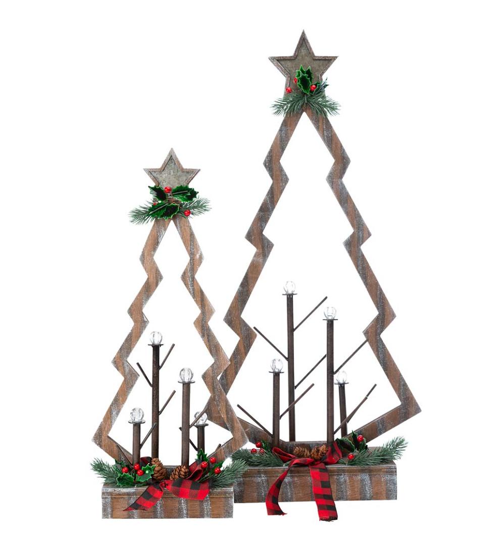 Plow & Hearth Home Accents Indoor Living Tabletop Lighted Wooden Christmas Trees, Set Of 2