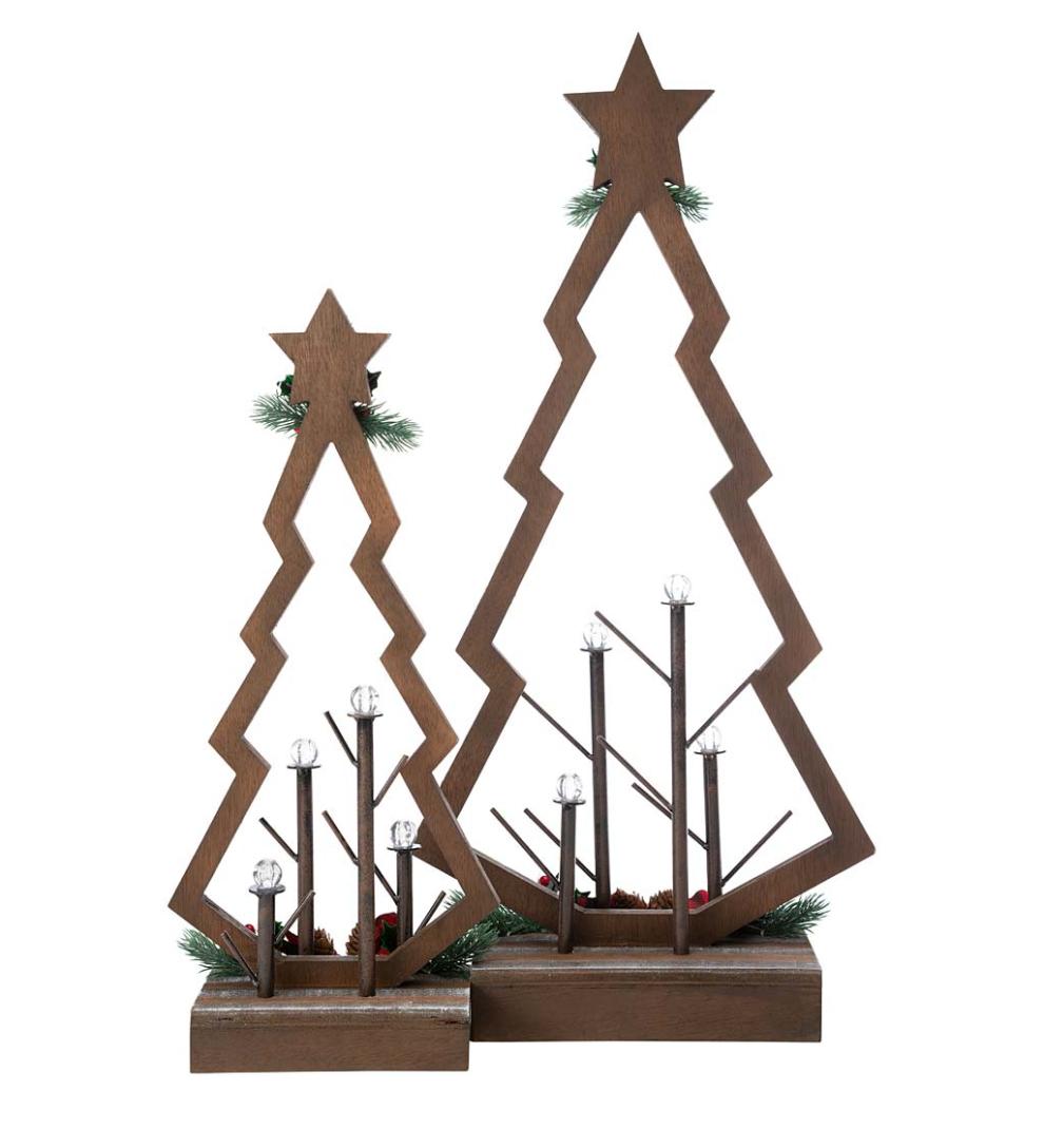 Plow & Hearth Home Accents Indoor Living Tabletop Lighted Wooden Christmas Trees, Set Of 2