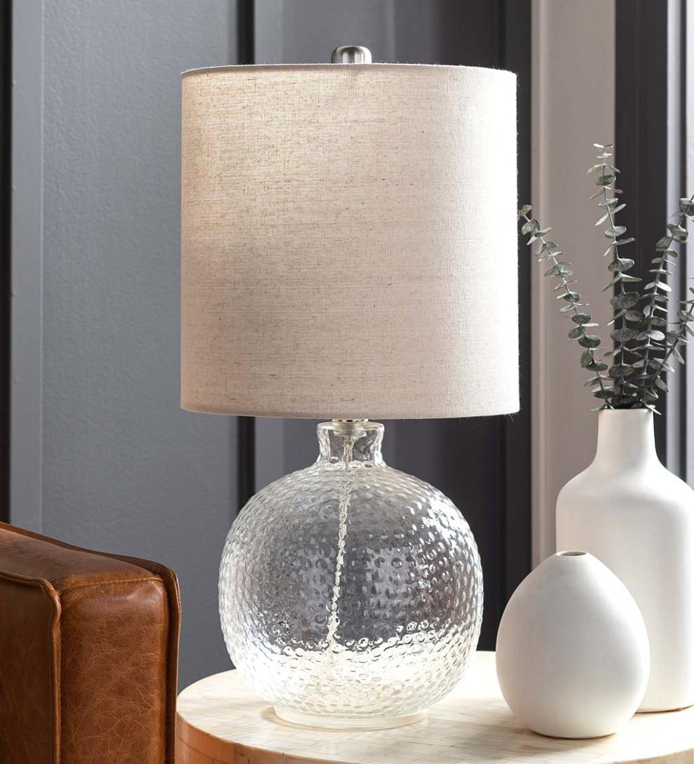 Plow & Hearth Home Accents Indoor Living Textured Bubble Glass Table Lamp With Beige Linen Shade