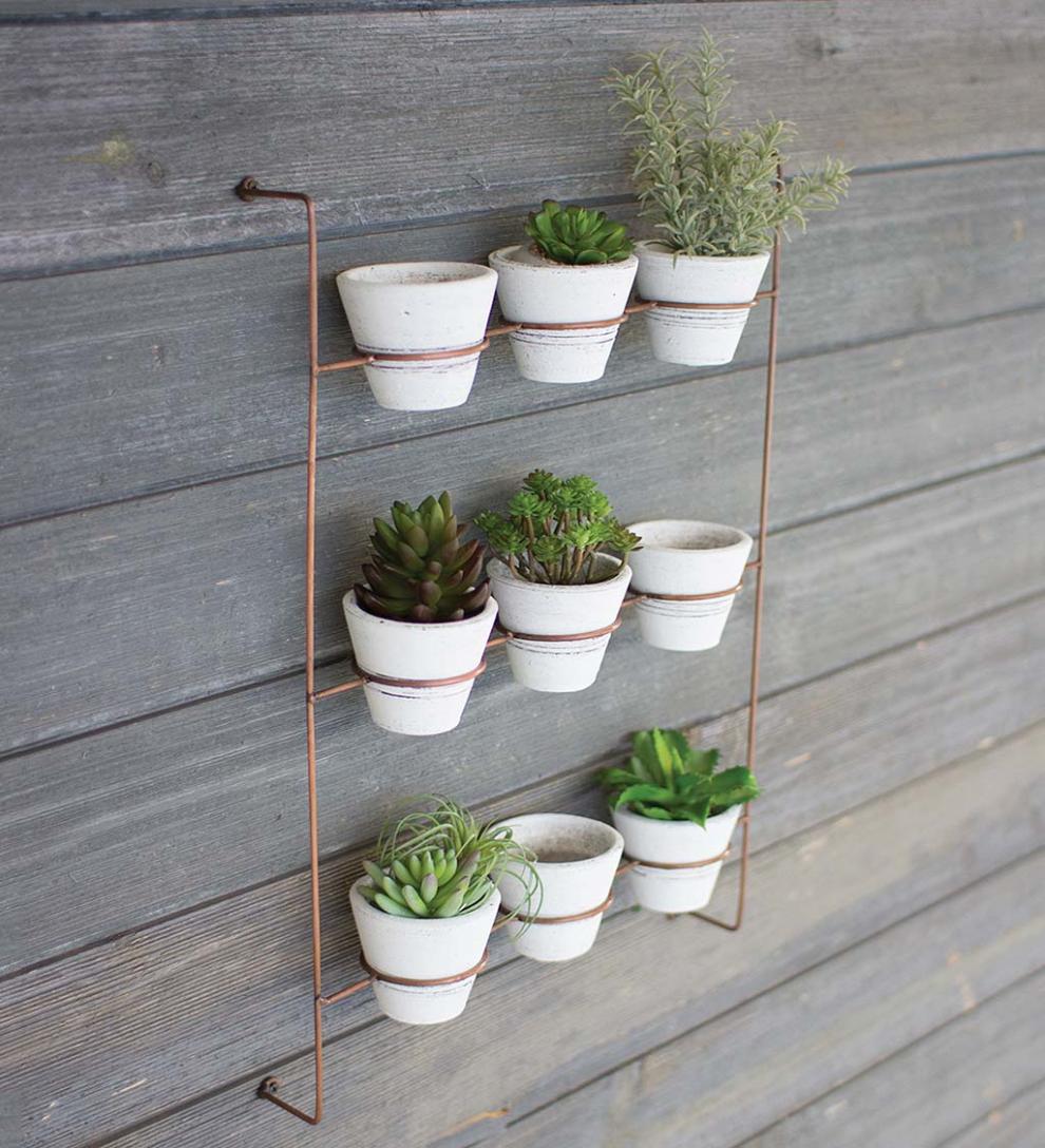 Plow & Hearth Home Accents Indoor Living Wall-Mount Copper-Finish Wall Rack With 9 Whitewash Clay Pots
