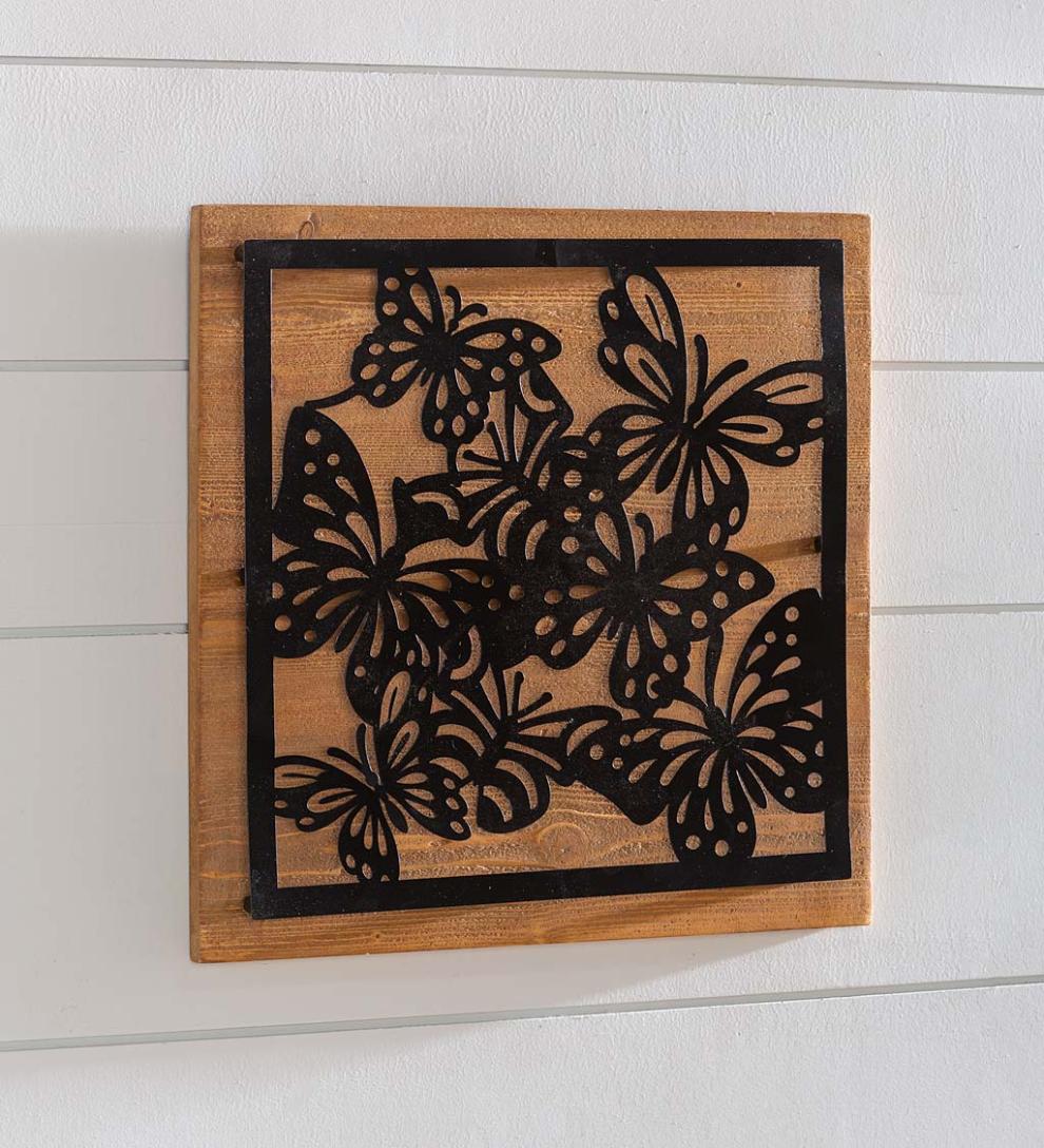 Plow & Hearth Home Accents Indoor Living Wood And Laser Cut Metal Butterfly Wall Art