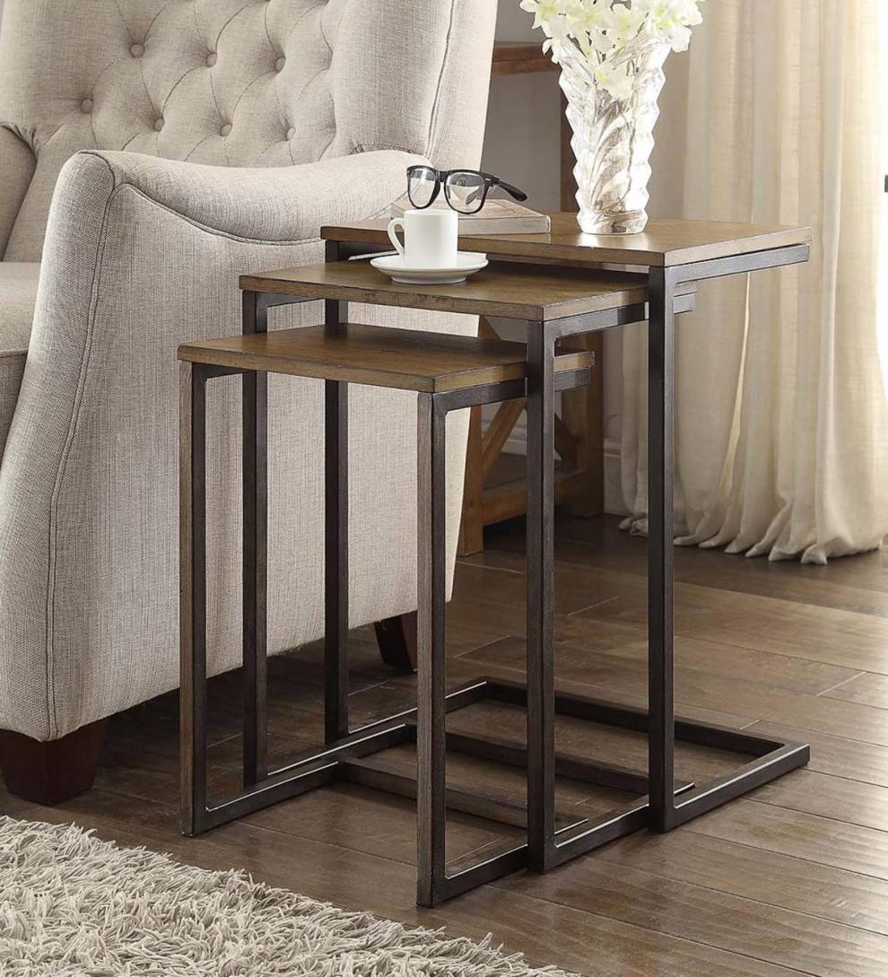 Plow & Hearth Home Office Indoor Living 3-Piece Industrial Style Rectangular Metal And Wood Nesting Tables - Chestnut