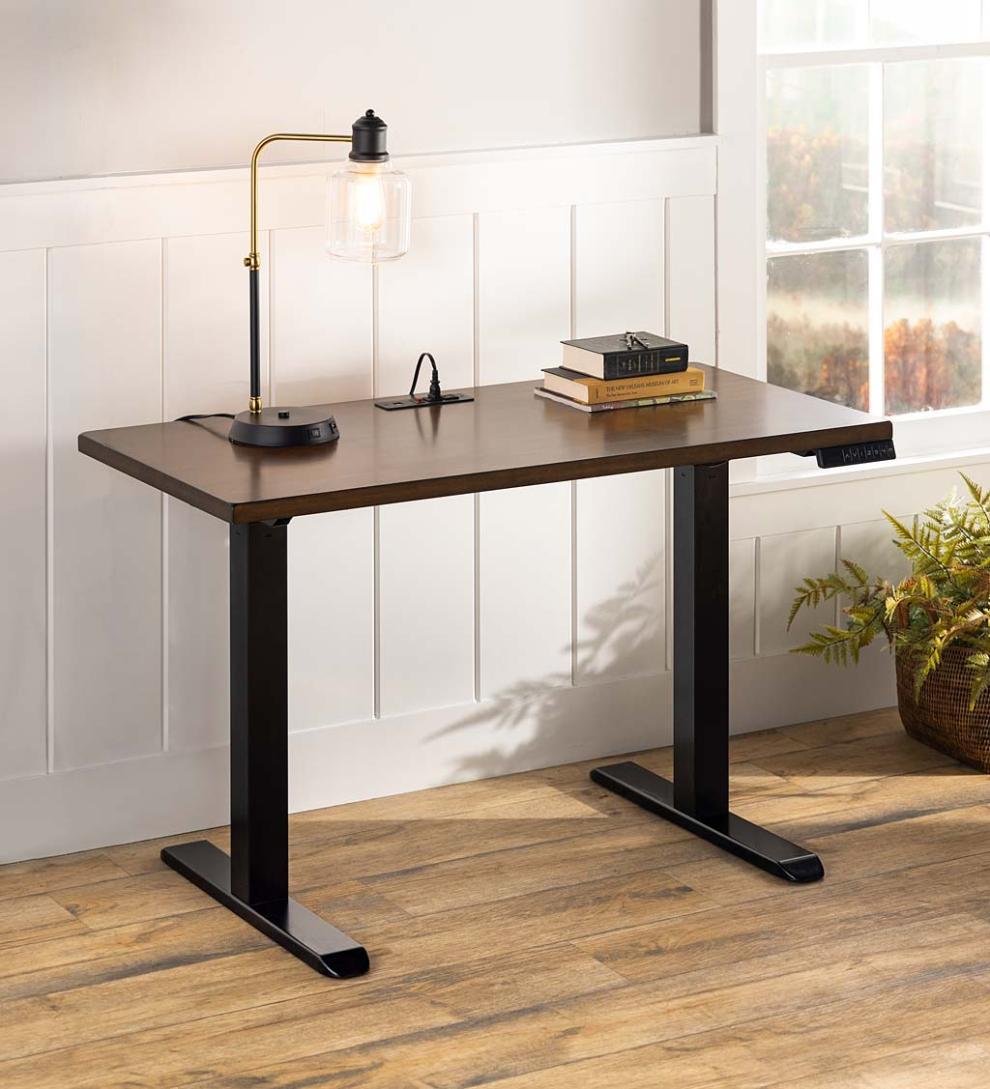 Plow & Hearth Home Office Indoor Living Adjustable Height Electric Desk With Power Station
