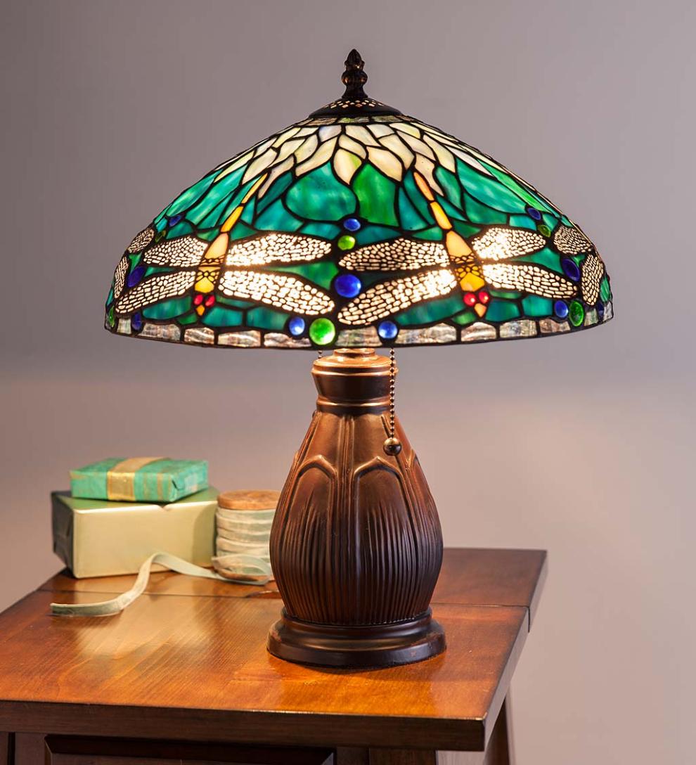 Plow & Hearth Home Office Indoor Living Allendale Dragonfly Tiffany Stained Glass Table Lamp