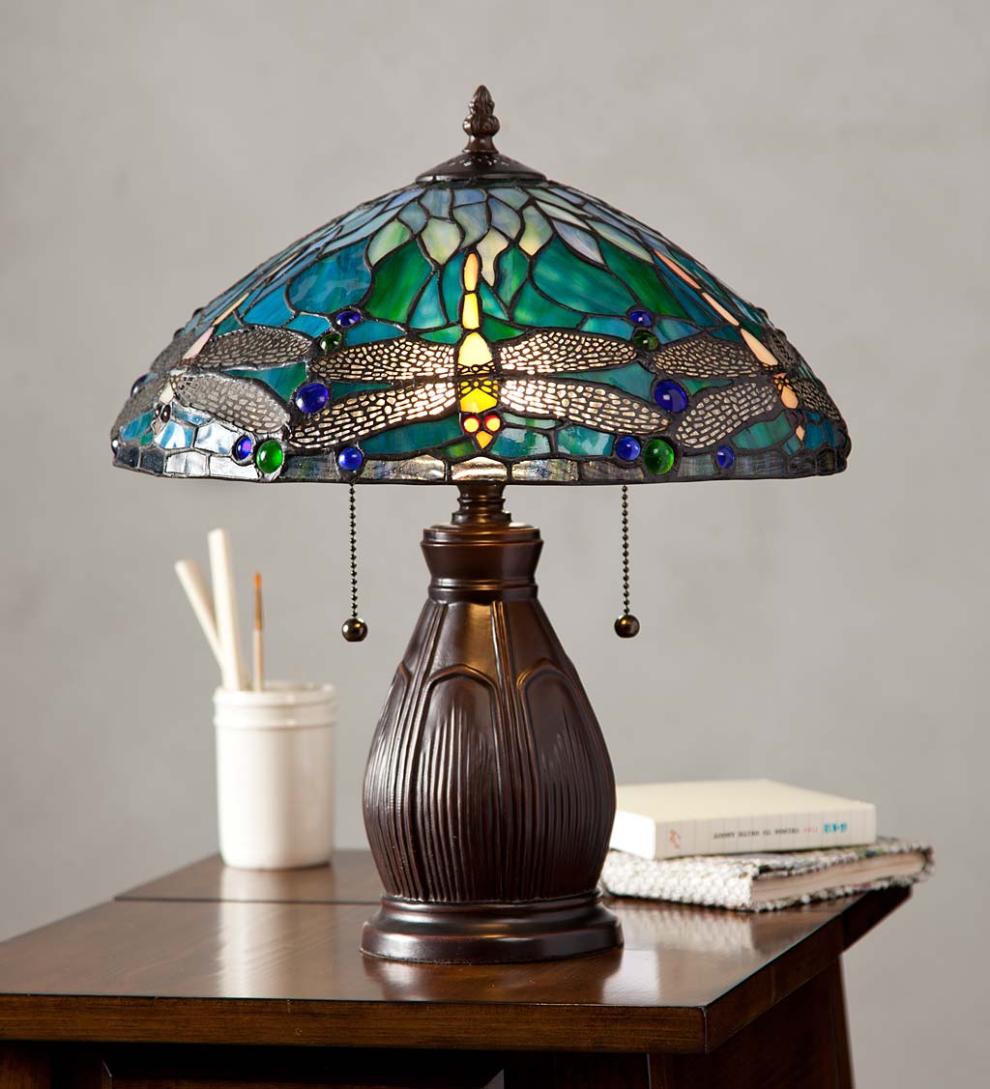 Plow & Hearth Home Office Indoor Living Allendale Dragonfly Tiffany Stained Glass Table Lamp