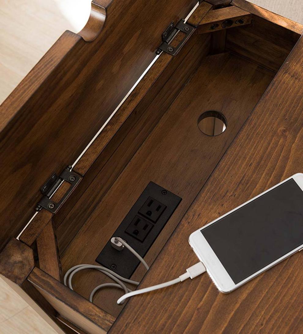 Plow & Hearth Home Office Indoor Living Arts And Crafts Mission Side Table With Charging Station - Oak