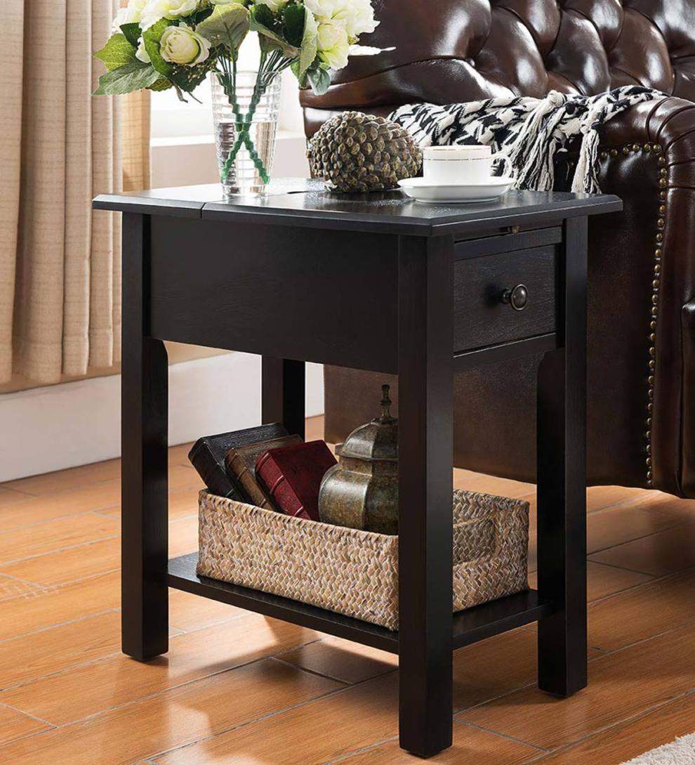 Plow & Hearth Home Office Indoor Living Benton Side Table With Charging Station - Black