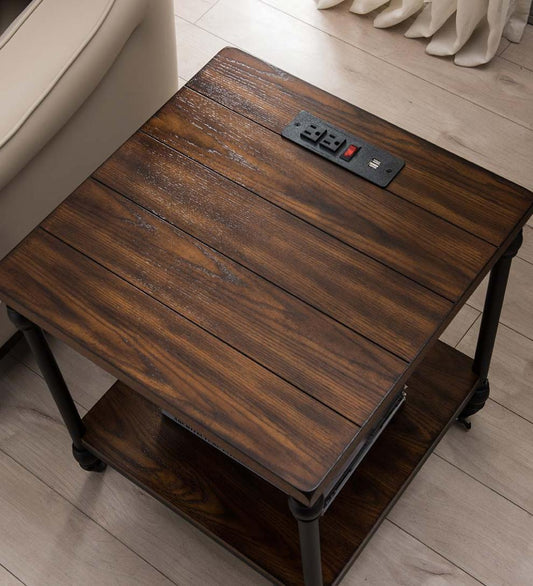 Plow & Hearth Home Office Indoor Living Convington Side Table With Power Outlets And Usb Charging Ports - Oak