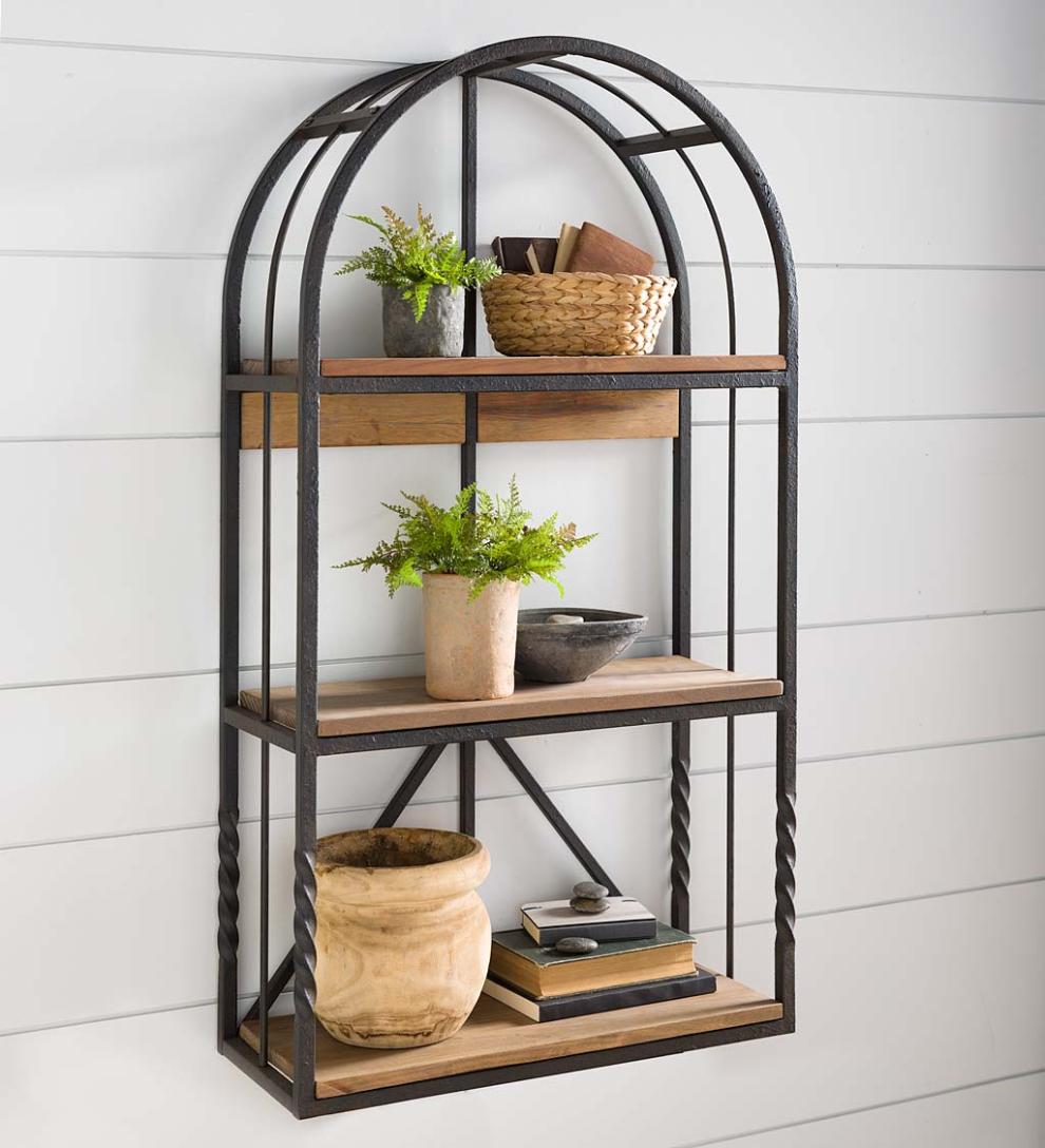 Plow & Hearth Home Office Indoor Living Deep Creek Wood And Metal Arched Wall Shelf