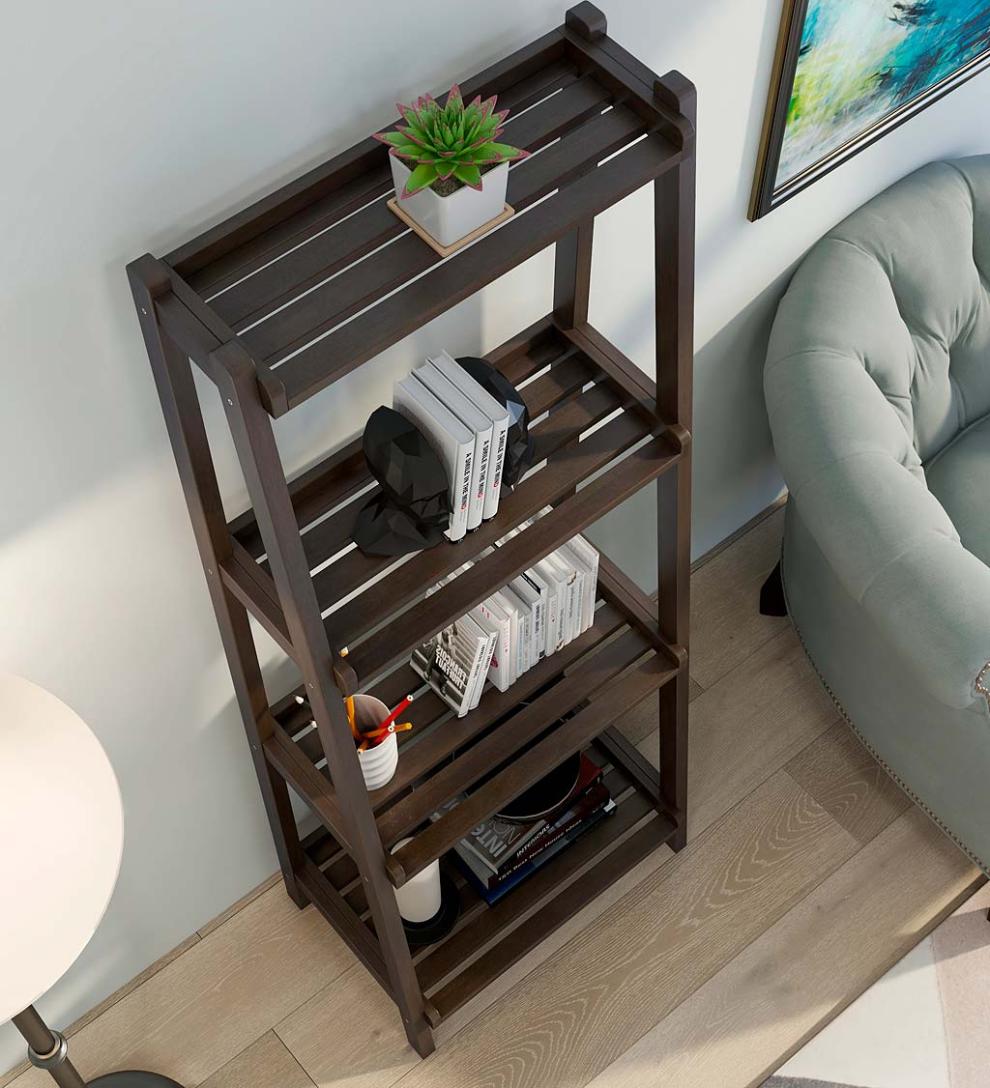 Plow & Hearth Home Office Indoor Living Farmhouse 4-Tier Wooden Leaning Ladder Shelf - Antique Chestnut