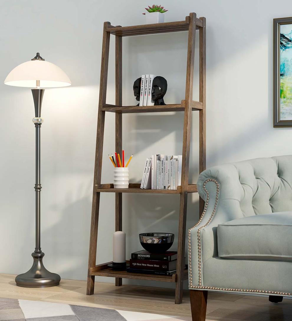 Plow & Hearth Home Office Indoor Living Farmhouse 4-Tier Wooden Leaning Ladder Shelf - Antique Chestnut