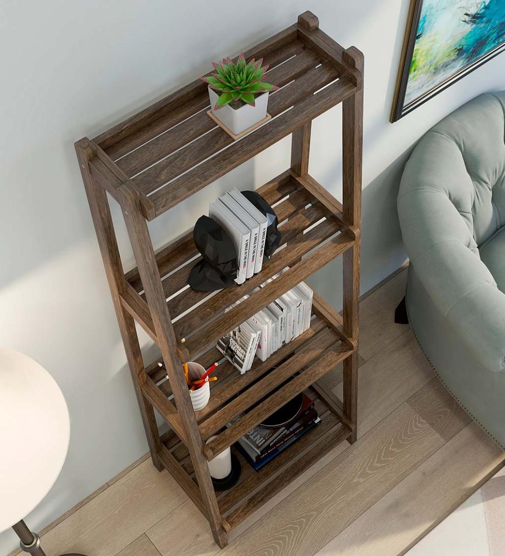 Plow & Hearth Home Office Indoor Living Farmhouse 4-Tier Wooden Leaning Ladder Shelf - Antique Chestnut