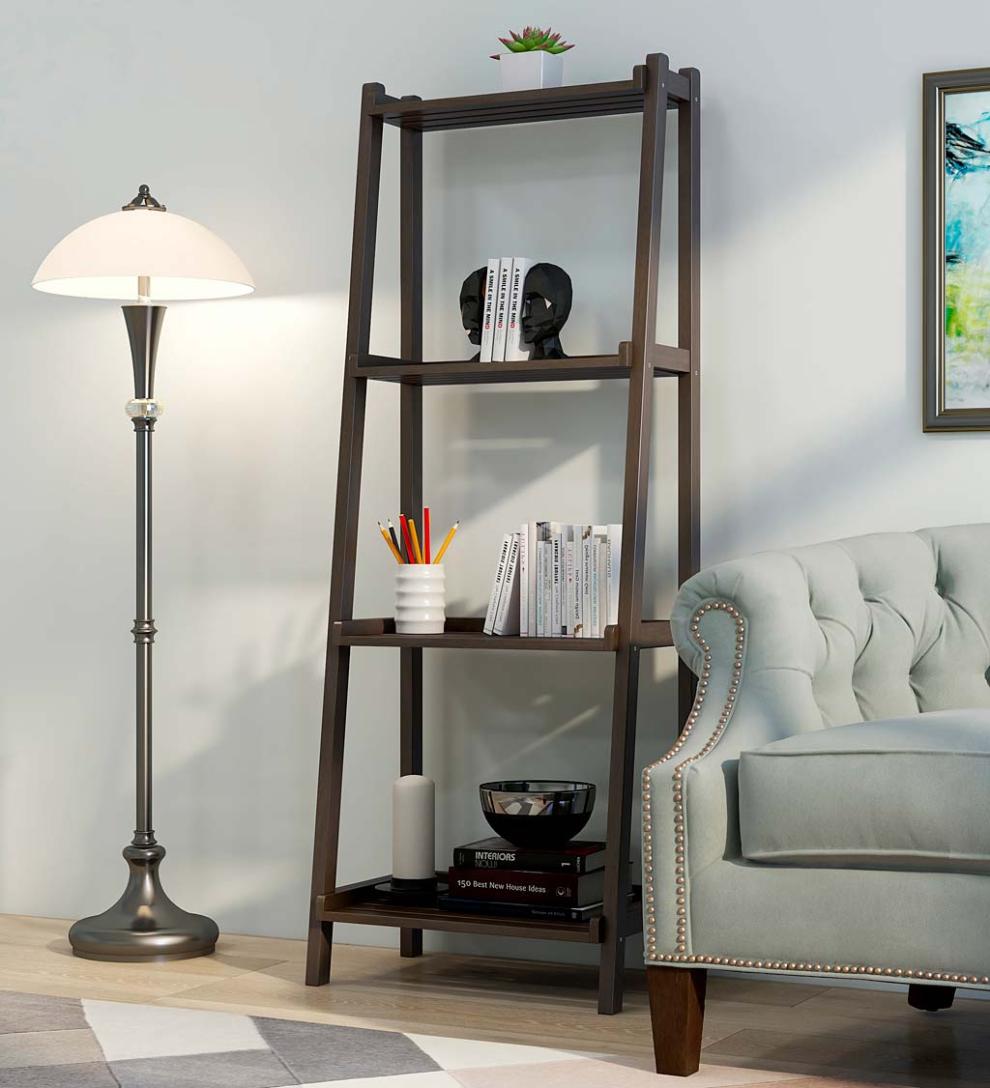 Plow & Hearth Home Office Indoor Living Farmhouse 4-Tier Wooden Leaning Ladder Shelf - Antique Chestnut
