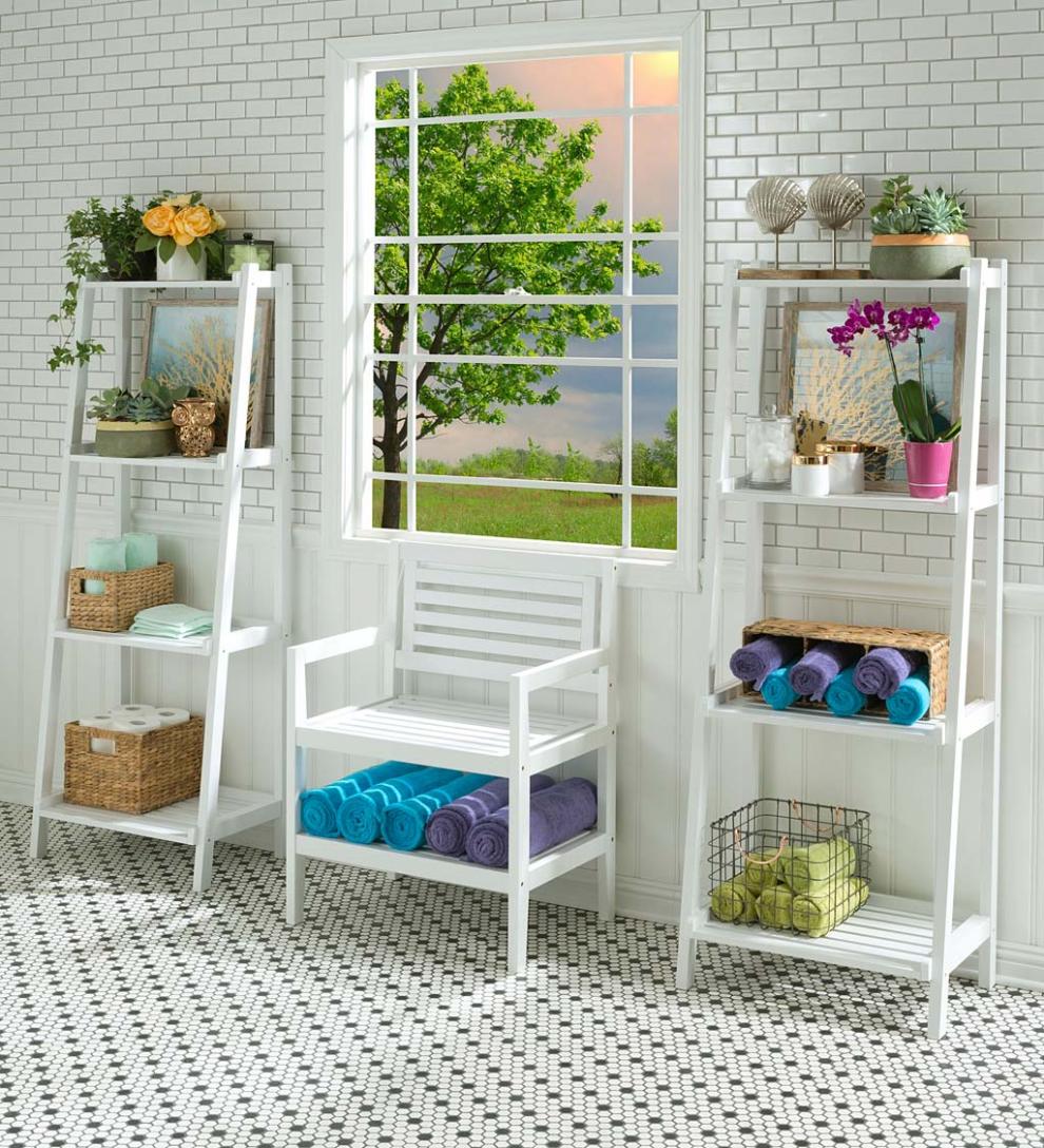 Plow & Hearth Home Office Indoor Living Farmhouse 4-Tier Wooden Leaning Ladder Shelf - Antique Chestnut
