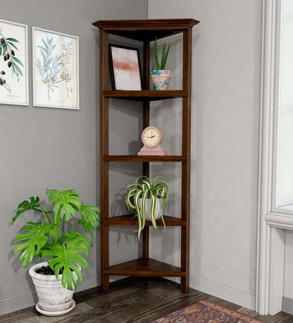 Plow & Hearth Home Office Indoor Living Farmhouse Four-Shelf Corner Bookcase - Walnut