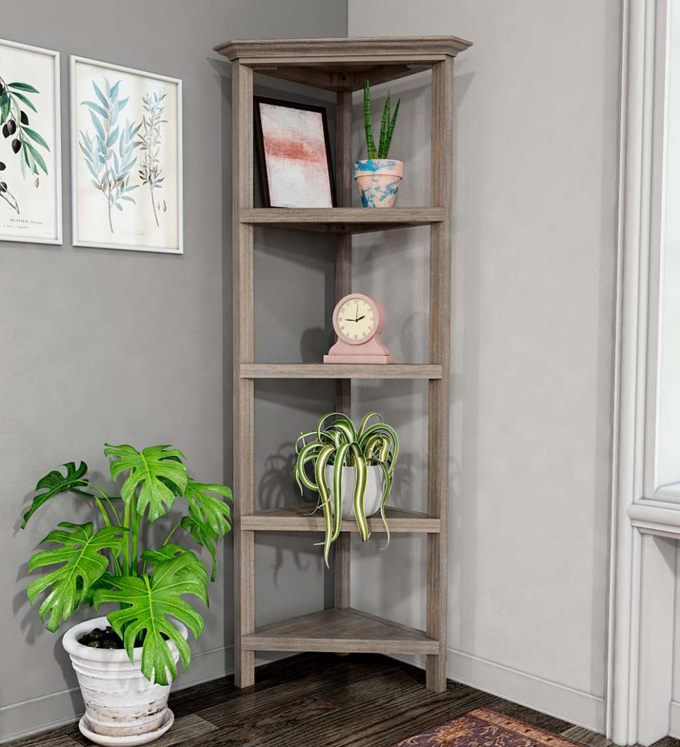 Plow & Hearth Home Office Indoor Living Farmhouse Four-Shelf Corner Bookcase - Walnut