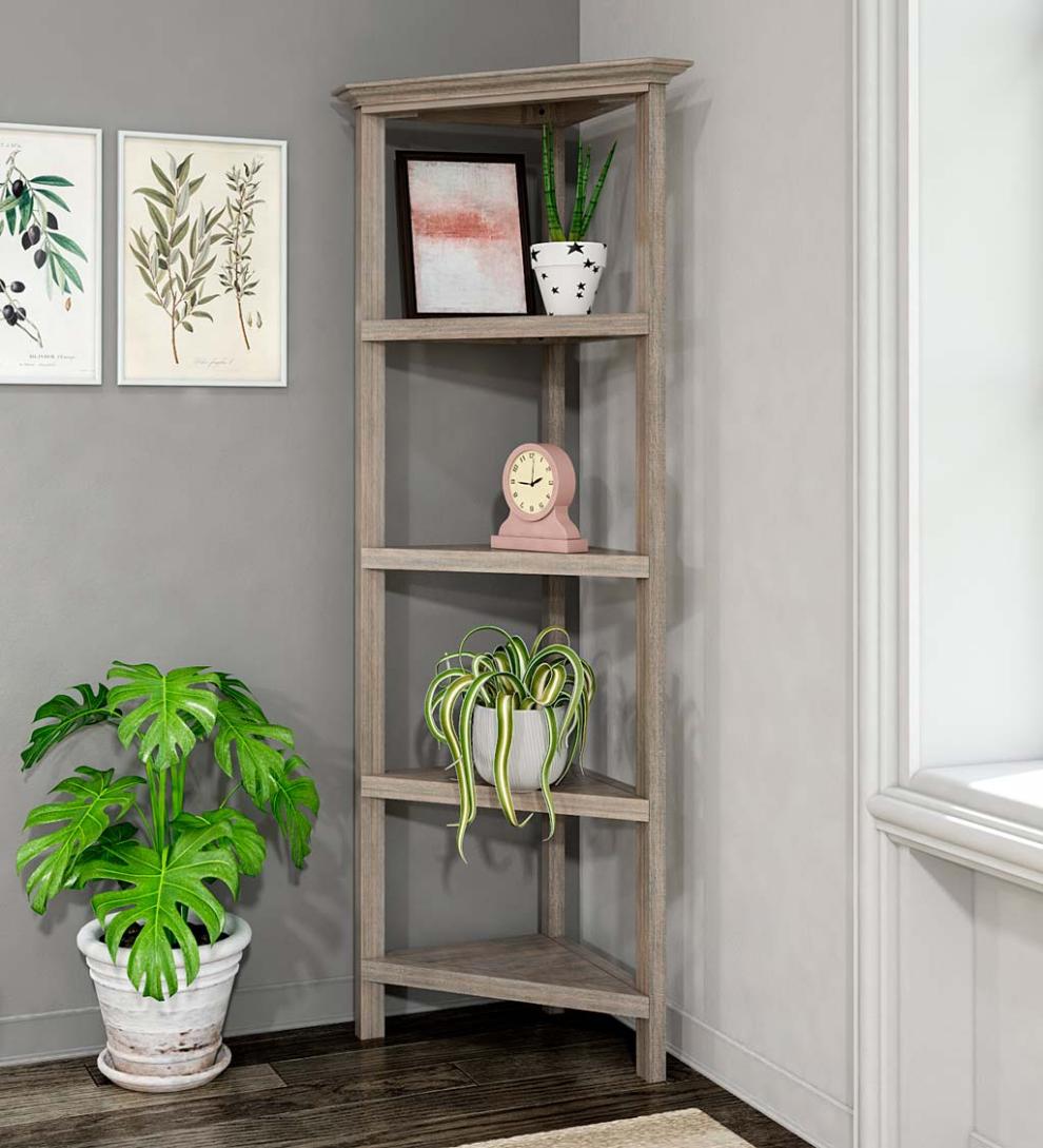 Plow & Hearth Home Office Indoor Living Farmhouse Four-Shelf Corner Bookcase - Walnut