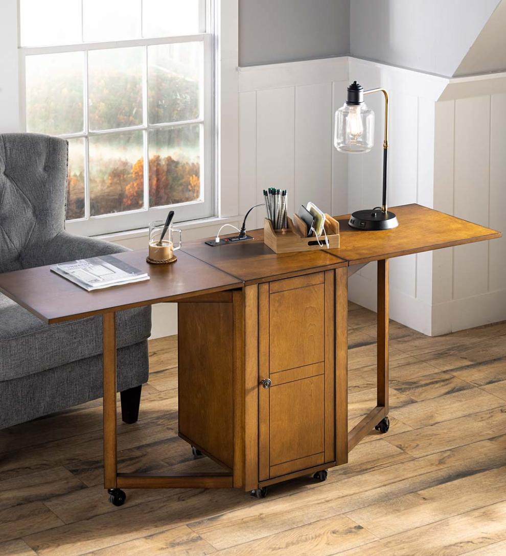 Plow & Hearth Home Office Indoor Living Folding Hideaway Double Desk With Cabinet And Chargers