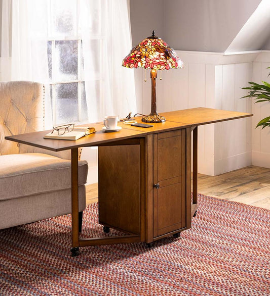 Plow & Hearth Home Office Indoor Living Folding Hideaway Double Desk With Cabinet And Chargers