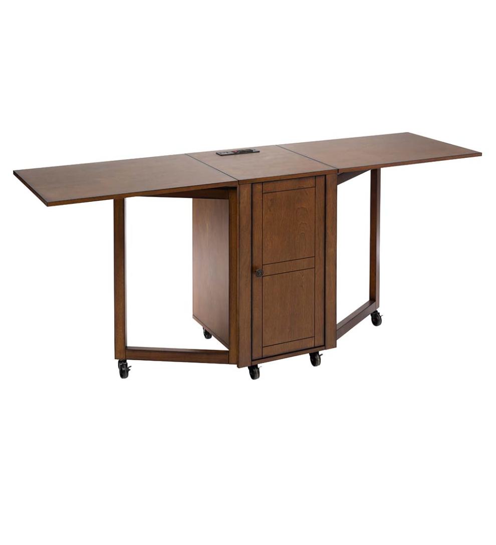 Plow & Hearth Home Office Indoor Living Folding Hideaway Double Desk With Cabinet And Chargers