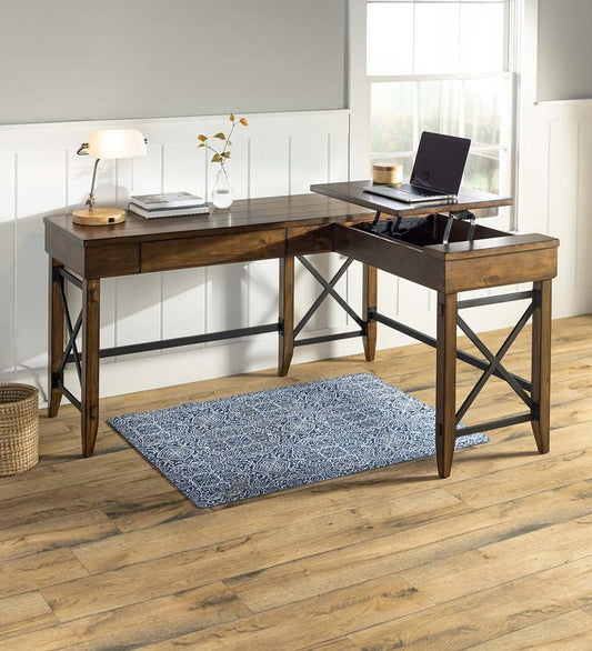 Plow & Hearth Home Office Indoor Living L-Shaped Lift Desk With Two Height Settings And Drawer