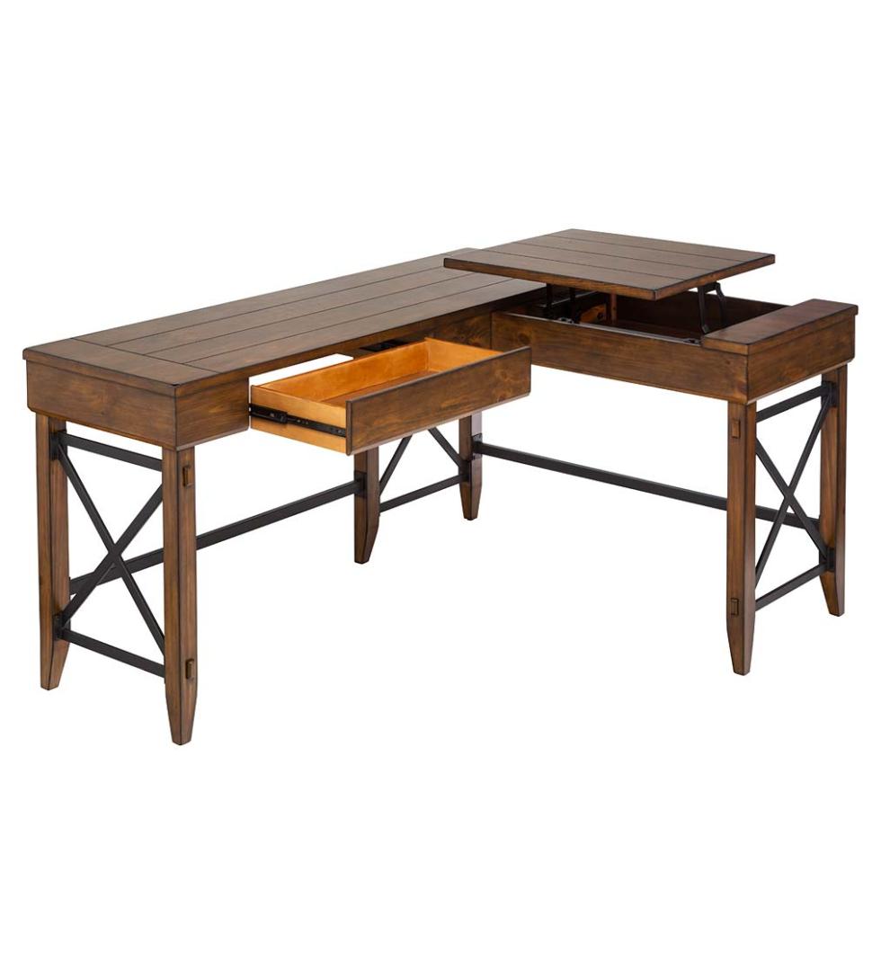 Plow & Hearth Home Office Indoor Living L-Shaped Lift Desk With Two Height Settings And Drawer