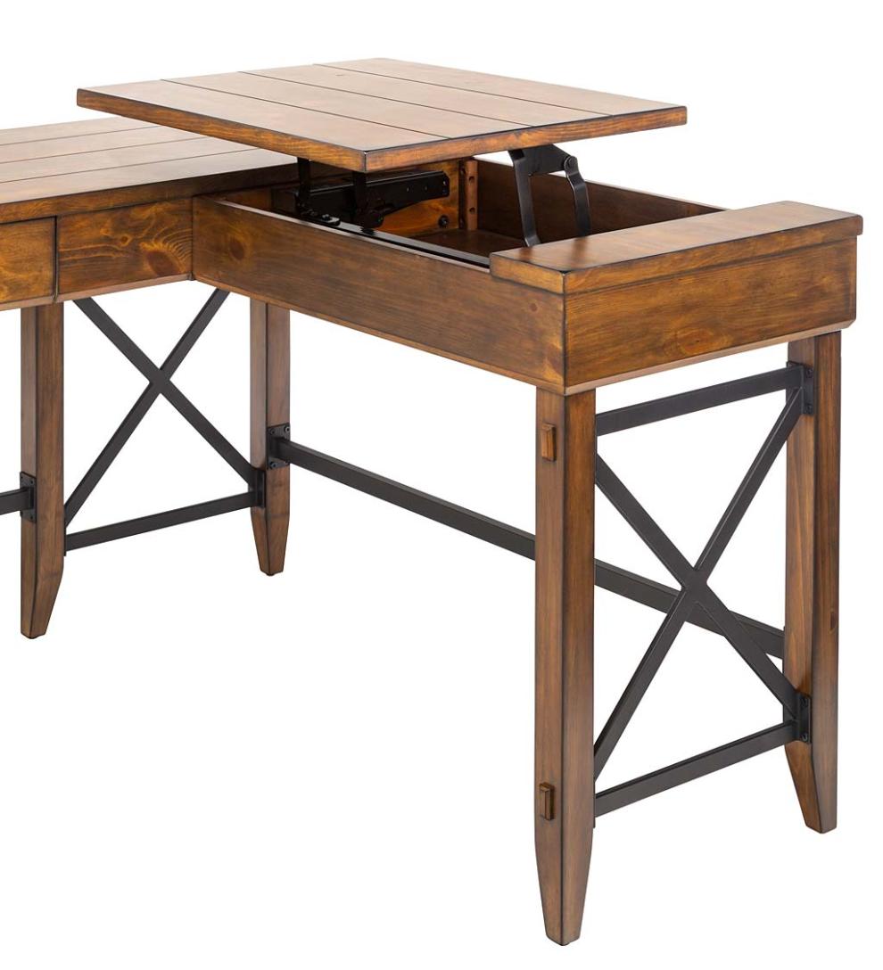 Plow & Hearth Home Office Indoor Living L-Shaped Lift Desk With Two Height Settings And Drawer