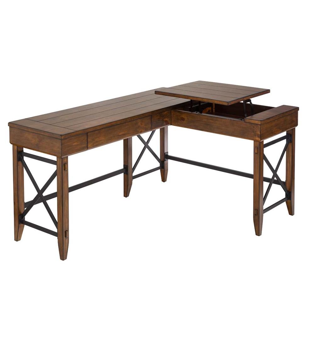Plow & Hearth Home Office Indoor Living L-Shaped Lift Desk With Two Height Settings And Drawer