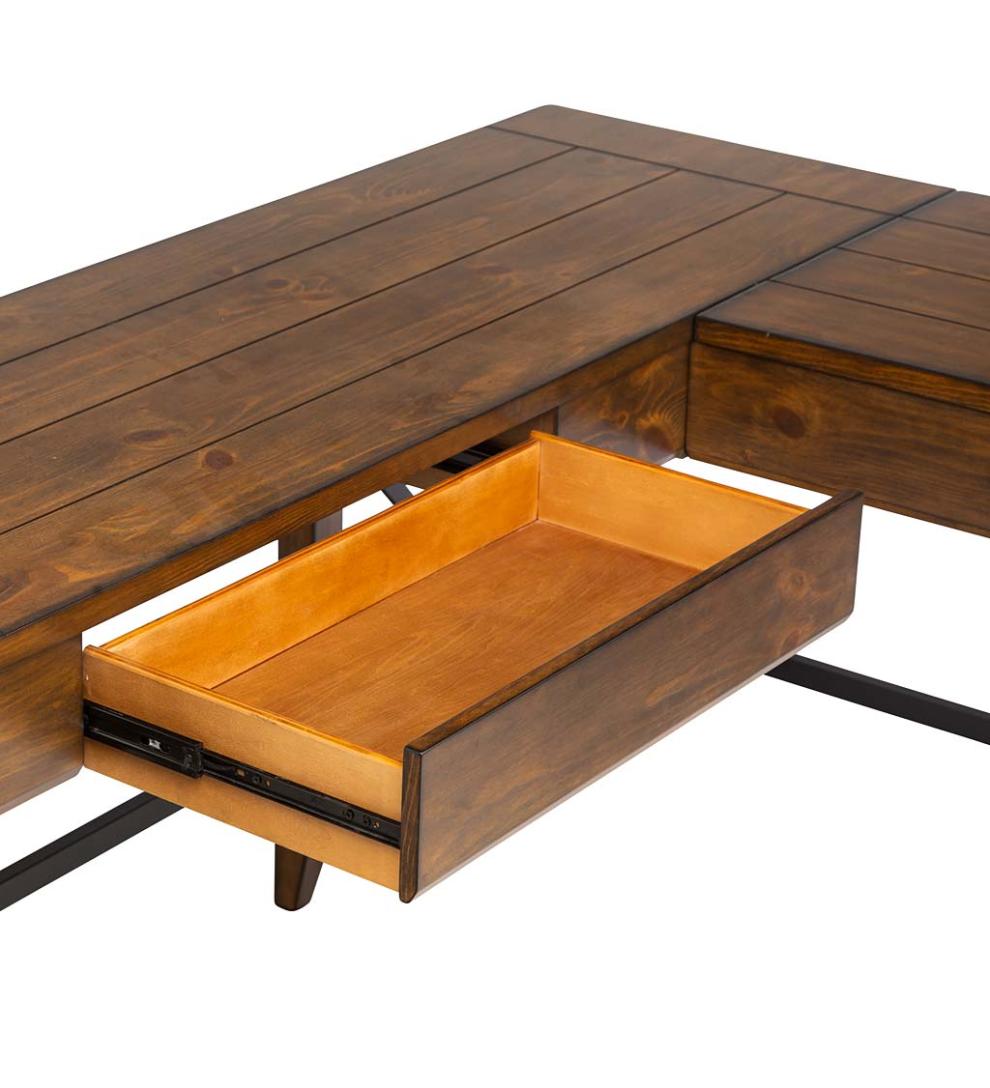 Plow & Hearth Home Office Indoor Living L-Shaped Lift Desk With Two Height Settings And Drawer