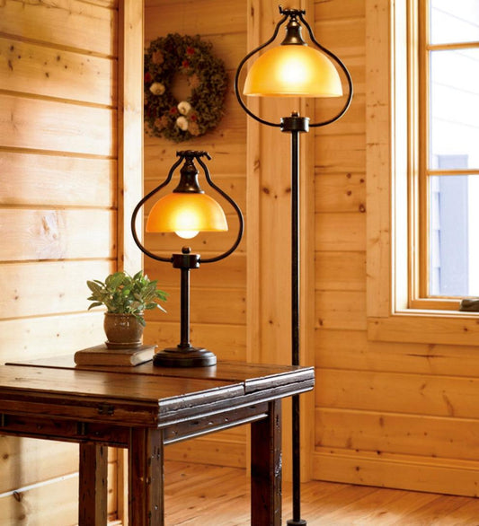 Plow & Hearth Home Office Indoor Living Library Lamps With Amber Glass Shade And Antique Bronze Finish
