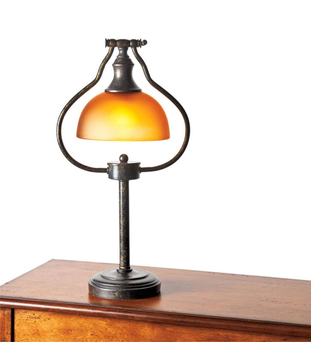 Plow & Hearth Home Office Indoor Living Library Lamps With Amber Glass Shade And Antique Bronze Finish