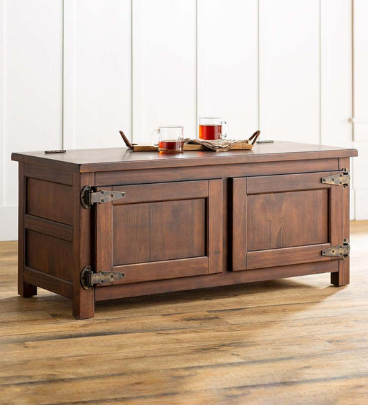 Plow & Hearth Home Office Indoor Living Portland Ice Box Wood Coffee Table/Bench With Replica Hardware - Walnut