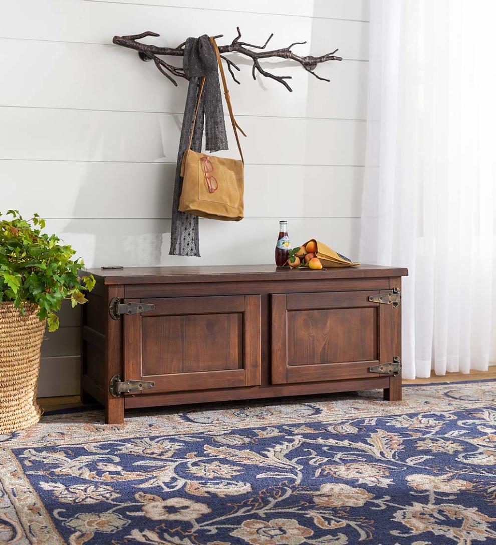 Plow & Hearth Home Office Indoor Living Portland Ice Box Wood Coffee Table/Bench With Replica Hardware - Walnut