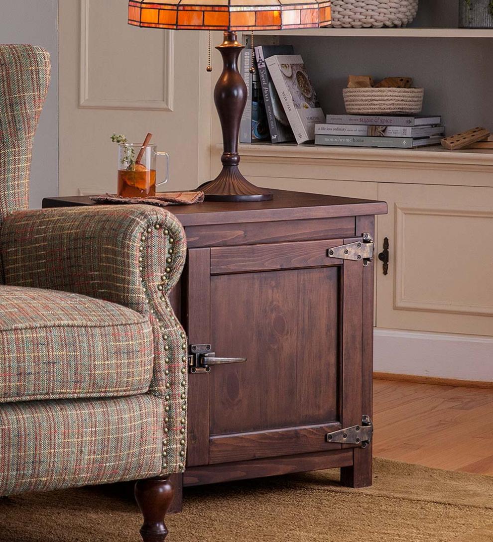 Plow & Hearth Home Office Indoor Living Portland Ice Box Wood Storage Side Table With Replica Hardware - Walnut