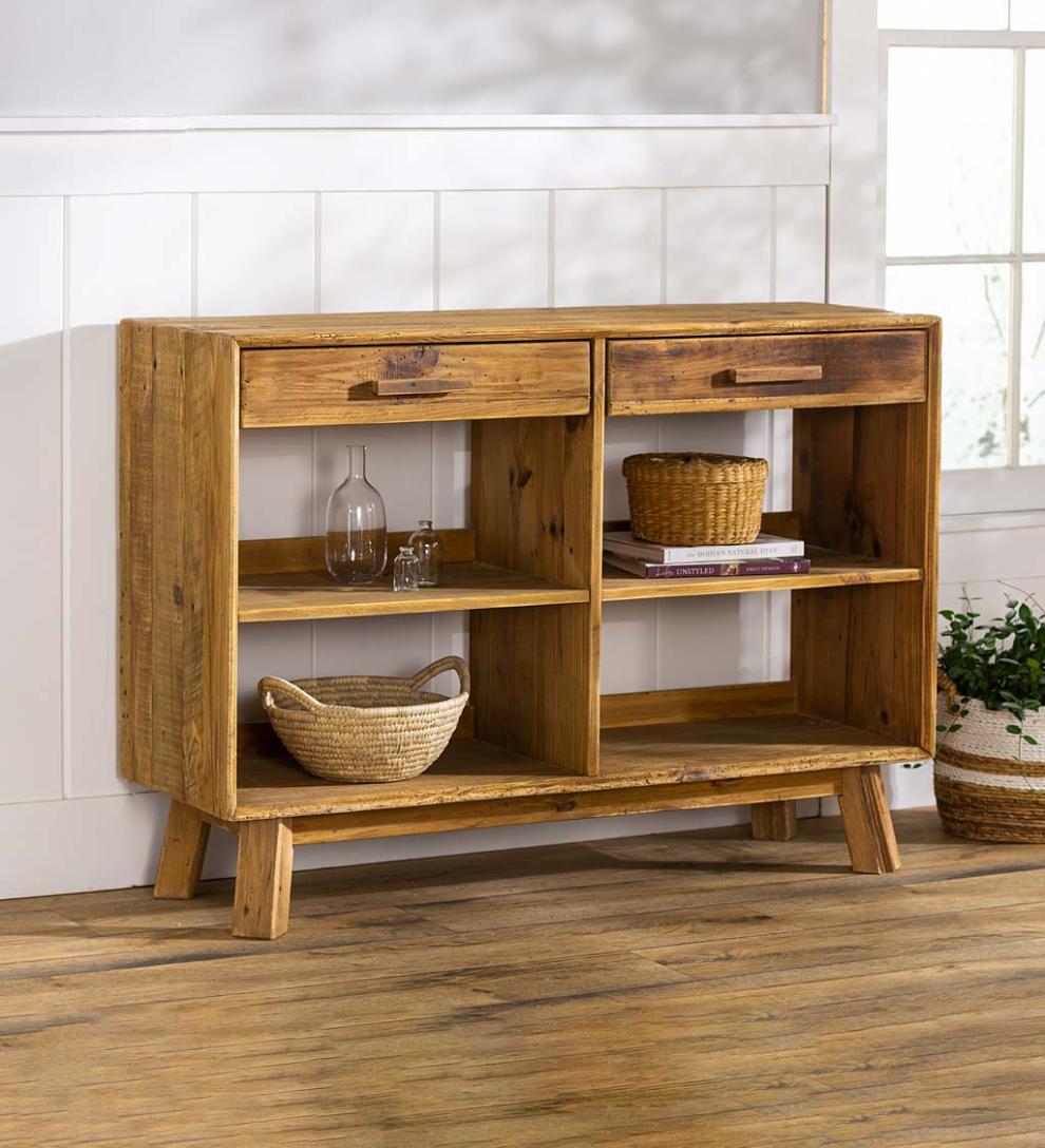 Plow & Hearth Home Office Indoor Living Rowan Ridge Reclaimed Pine Wood Console Table With Shelves And Drawers