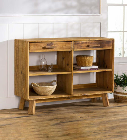 Plow & Hearth Home Office Indoor Living Rowan Ridge Reclaimed Pine Wood Console Table With Shelves And Drawers