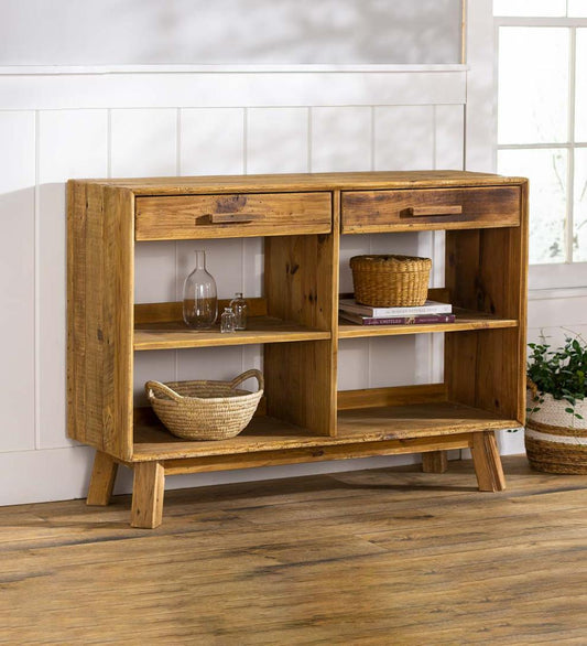 Plow & Hearth Home Office Indoor Living Rowan Ridge Reclaimed Pine Wood Console Table With Shelves And Drawers