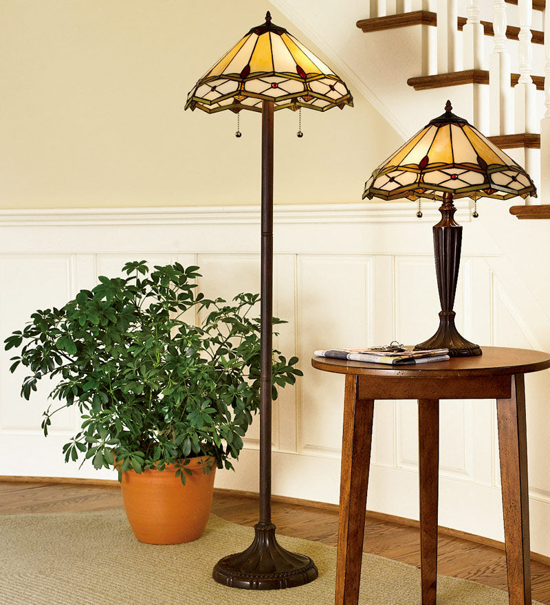 Plow & Hearth Home Office Indoor Living Stained Glass Gold And Ruby Diamond Table And Floor Lamps