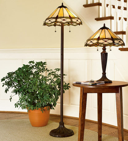 Plow & Hearth Home Office Indoor Living Stained Glass Gold And Ruby Diamond Table And Floor Lamps