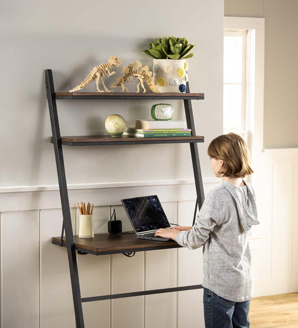 Plow & Hearth Home Office Indoor Living Three Position Adjustable Ladder Desk With Charging Station
